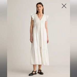 NWT Quince Organic Textured Cotton Smocked V-Neck Midi White Dress